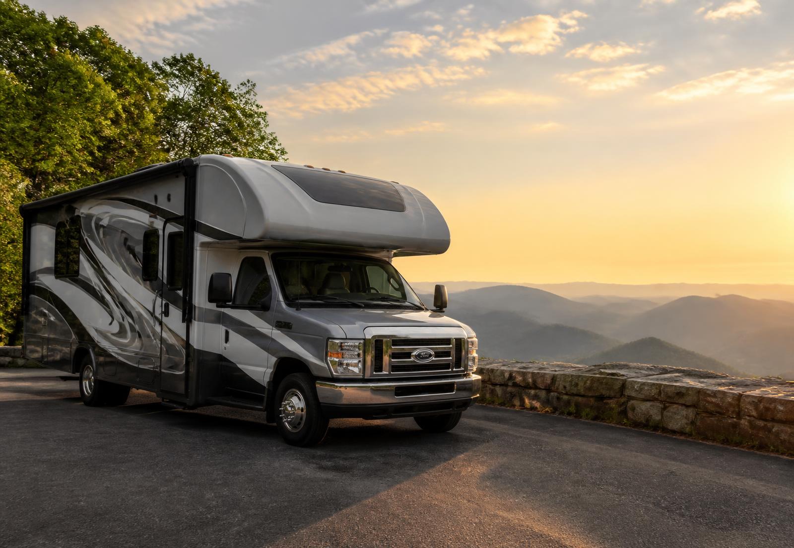 A modern motorhome parked at golden hour